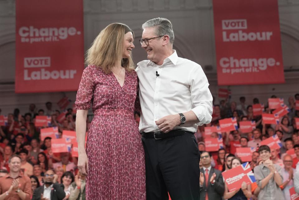 Labour leader Sir Keir Starmer, with his wife Victoria, on stage after he spoke at a major campaign event at the Royal Horticultural Halls in central London (Stefan Rousseau/PA) (PA Wire)
