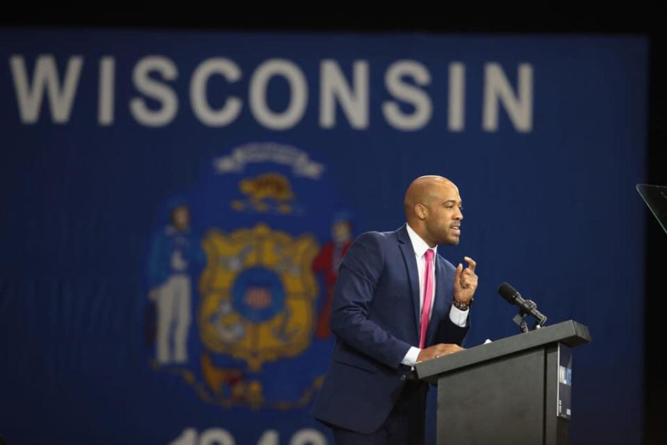 MILWAUKEE, WI – OCTOBER 26: Democratic candidate for Lt. governor of Wisconsin Mandela Barnes speaks at a rally for Wisconsiin Democrats at North Division High School on October 26, 2018 in Milwaukee, Wisconsin. Former President Barack Obama also spoke at the event. (Photo by Scott Olson/Getty Images)