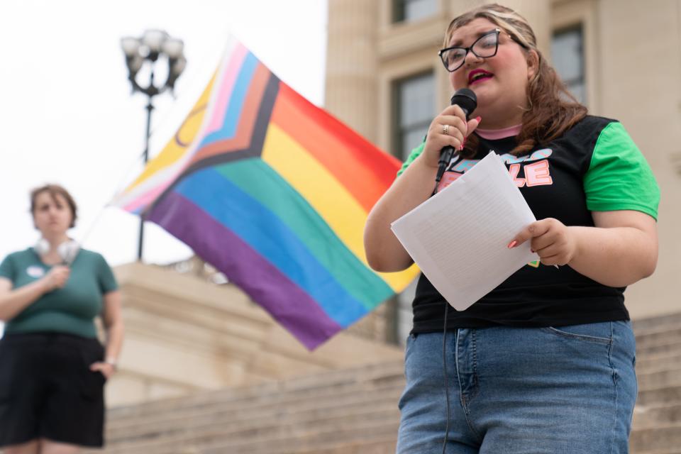 Ariona Miller, of Marysville, speaks about the implications of SB 180 on the LGBTQIA community during a rally Saturday at the Statehouse.