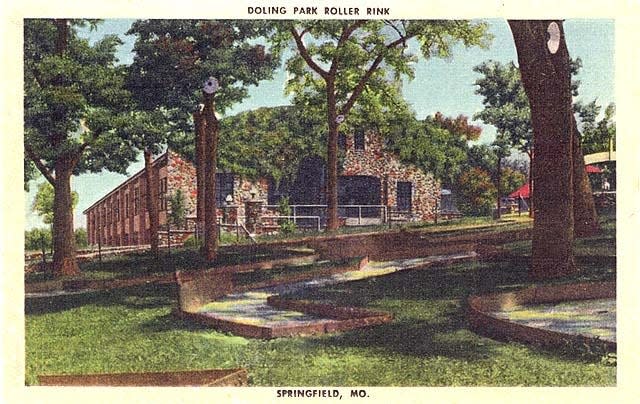 A color photocopy of a postcard depicts the old roller skating rink at Doling Park. The rink was built in 1929. Today, the Doling Park Museum sits in its place.