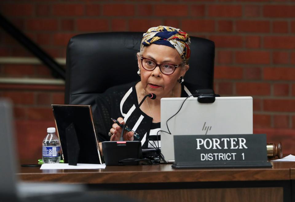 Diane Porter, chair of Jefferson County Public Schools Board of Education, explained her support for the proposed overhaul of the student assignment plan at the Vanhoose Education Center in Louisville, Ky. on June 1, 2022.  The board voted unanimously to approve a new plan.