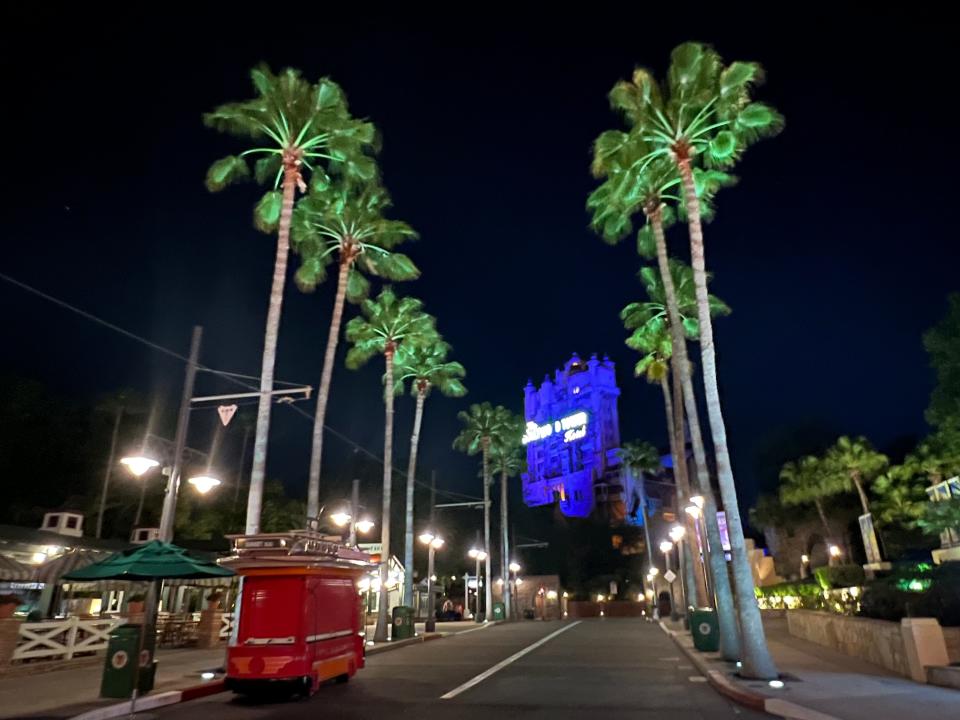 The Twilight Zone Tower of Terror, an icon of Disney's Hollywood Studios, continues to glow after guests leave the park.