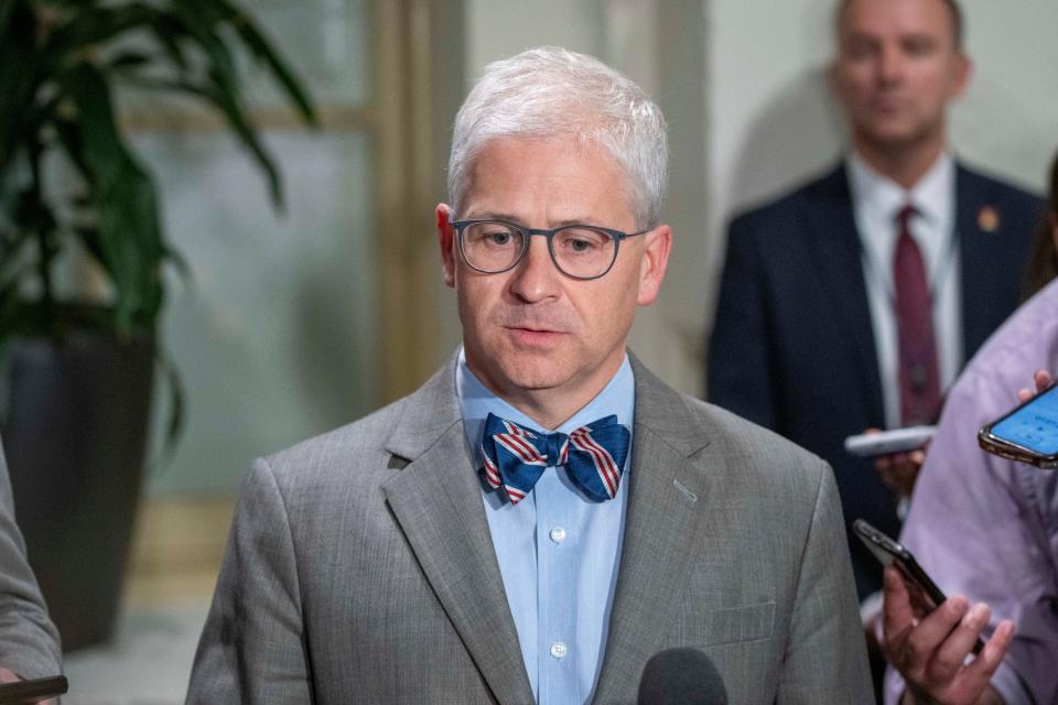 Rep. Patrick McHenry, R-N.C., the temporary leader of the House of Representatives and the speaker pro tempore, speaks with reporters as he departs after a Republican caucus meeting in which they dropped Rep. Jim Jordan, R-Ohio, as their nominee for speaker, at the Capitol in Washington, Friday, Oct. 20, 2023.