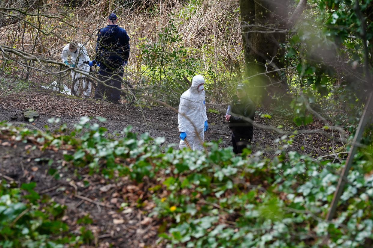 Police and forensic officers at Kersal Dale, near Salford, Greater Manchester, where a major investigation has been launched after human remains were found on Thursday evening. Greater Manchester Police (GMP) said officers were called by a member of the public who found an 