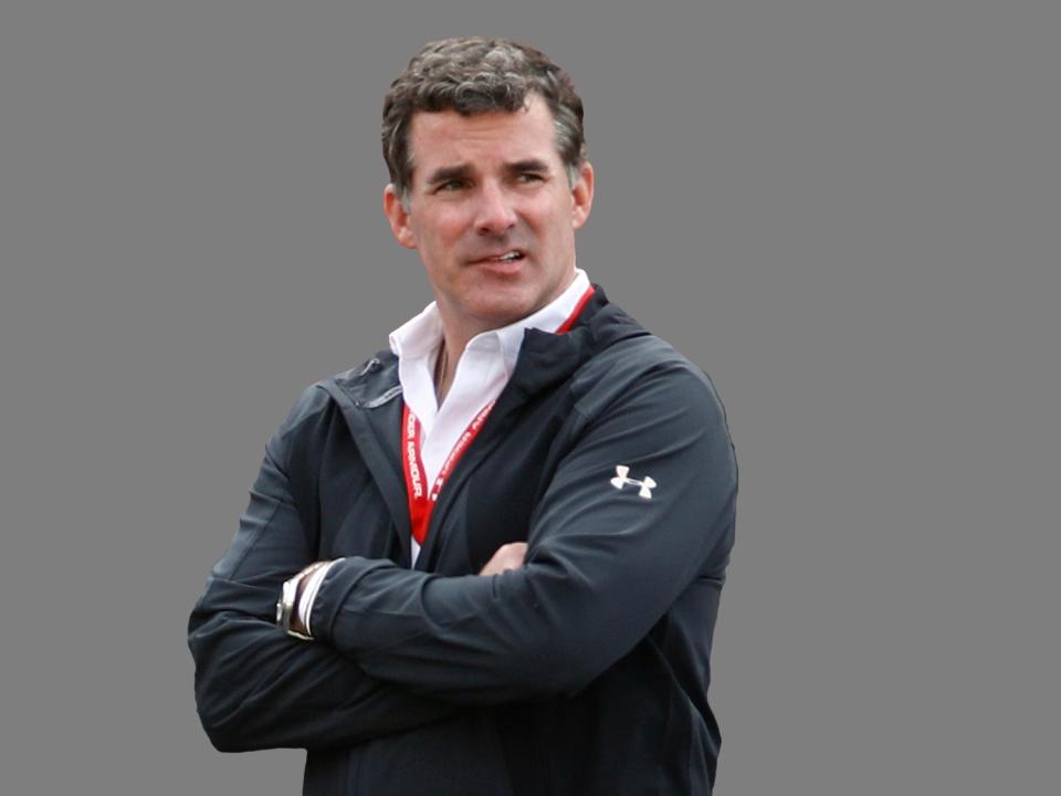 Kevin Plank headshot, as Under Armour founder and CEO, graphic element on gray
