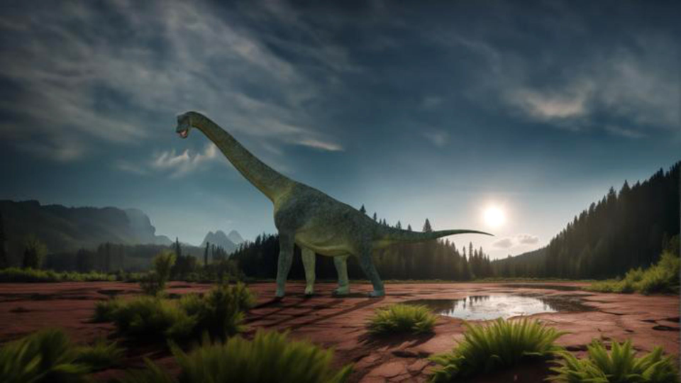 An artist’s reconstruction of the life appearance of Garumbatitan morellensis. The dinosaur is green with a very long neck and tail, and stands near a waterhole.