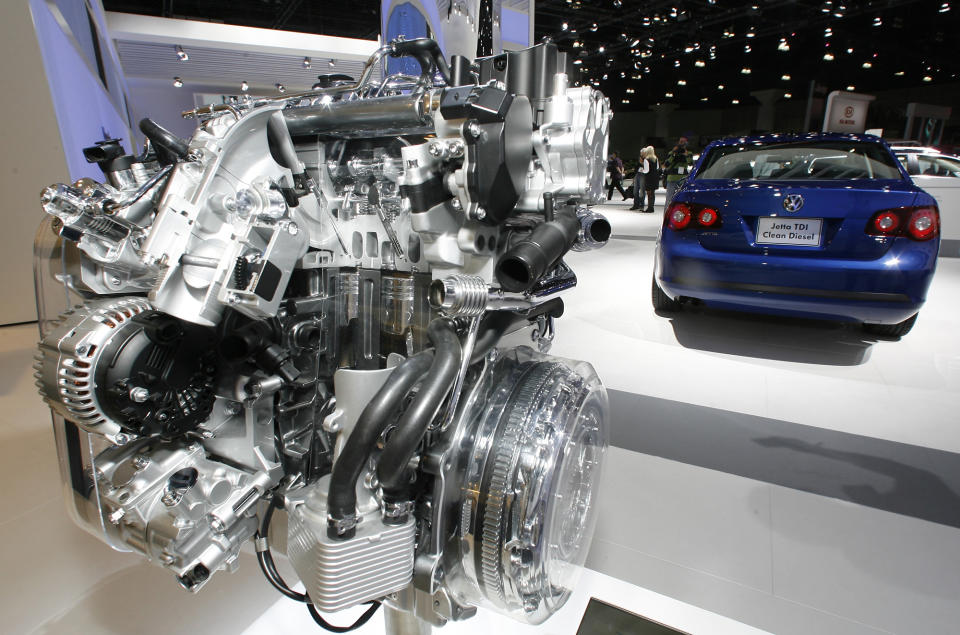 FILE - A Volkswagen Jetta TDI diesel engine is displayed at the Los Angeles Auto Show, Nov. 20, 2008. German auto supplier Bosch will pay $25 million to settle allegations by the California Air Resources Board under a settlement agreement from an emissions scandal that tarred Volkswagen and Fiat Chrysler, on Monday Nov. 7, 2022. (AP Photo/Damian Dovarganes, File)