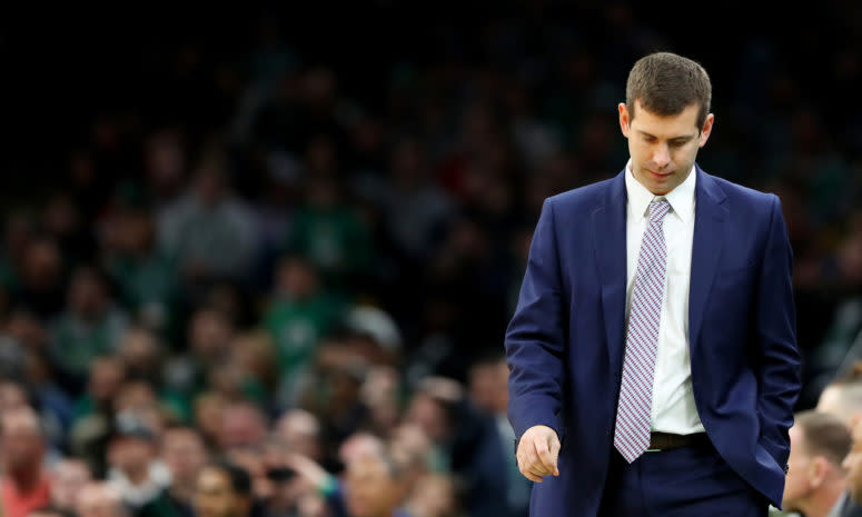A closeup of Boston Celtics coach Brad Stevens during a game.