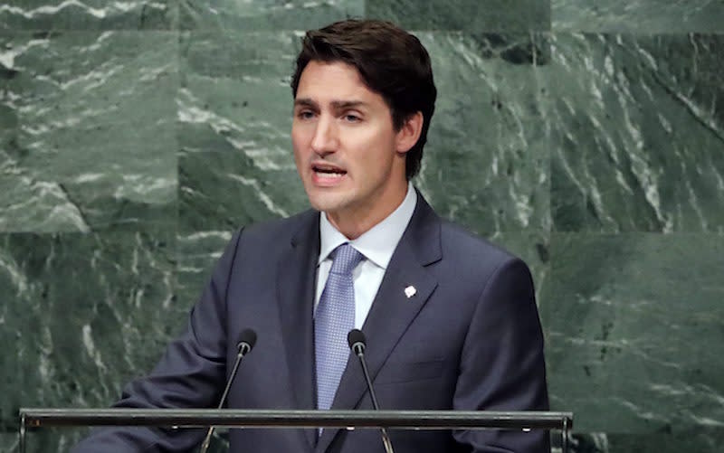 Prime Minister Justin Trudeau during his first address to the UN General Assembly. Photo from Jason Szenes/EPA via CP.