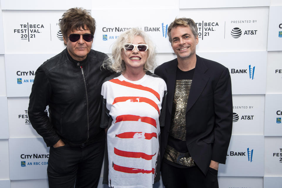 FILE - Clem Burke, from left, Debbie Harry and Rob Roth attend a screening of "Blondie: Vivir En La Habana" during the 20th Tribeca Festival in New York on June 16, 2021. The band is releasing a box set “Blondie: Against the Odds, 1974-1982,” with 124 tracks and 36 previously unissued recordings, demos, outtakes and Blondie’s initial six studio albums. (Photo by Charles Sykes/Invision/AP, File)