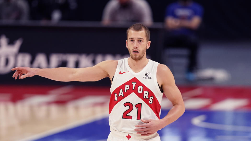 Toronto Raptors guard Matt Thomas plays during the second half of an NBA basketball game, Wednesday, March 17, 2021, in Detroit. (AP Photo/Carlos Osorio)