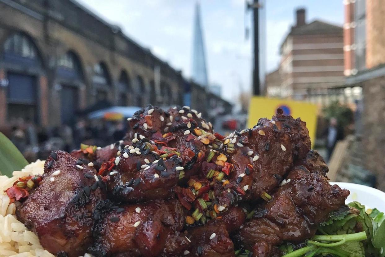 New flavour: the dish is made of sweet marinated pork chunks served on brown Thai jasmine rice withg a sour Nam Jim Jaew dipping sauce: @LondonFoodBoy
