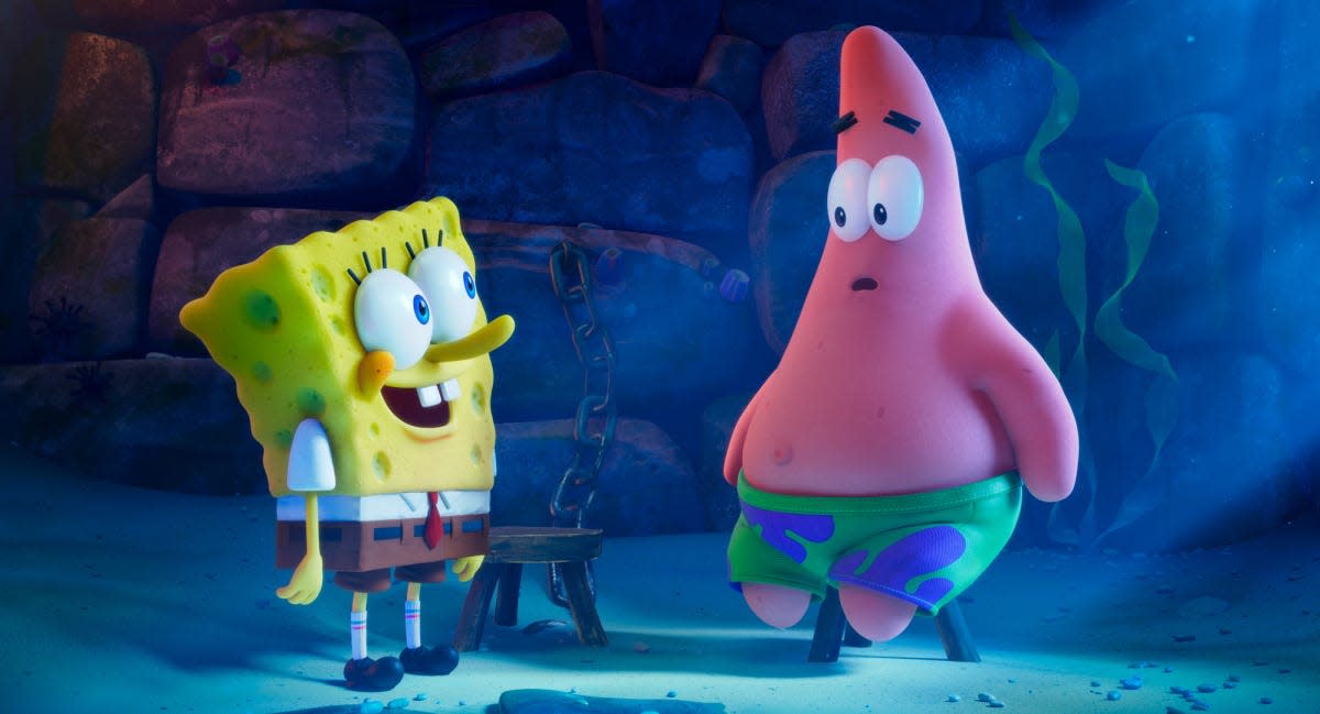 SpongeBob (voiced by Tom Kenny) and Patrick (voiced by Bill Fagerbakke) appear in the Paramount+ original film "The SpongeBob Movie: Sponge on the Run."