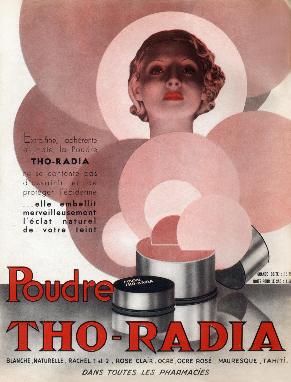 Vintage Tho-Radia cosmetics ad featuring a woman's face and powder tins. French text promotes beauty and skin benefits