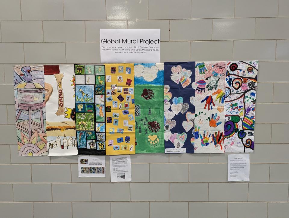 So far, Silver Lake Elementary School librarian Carrie Podlena has received seven pieces from other schools as part of the Global Mural Project. The school kept its section that included the town water tower.
