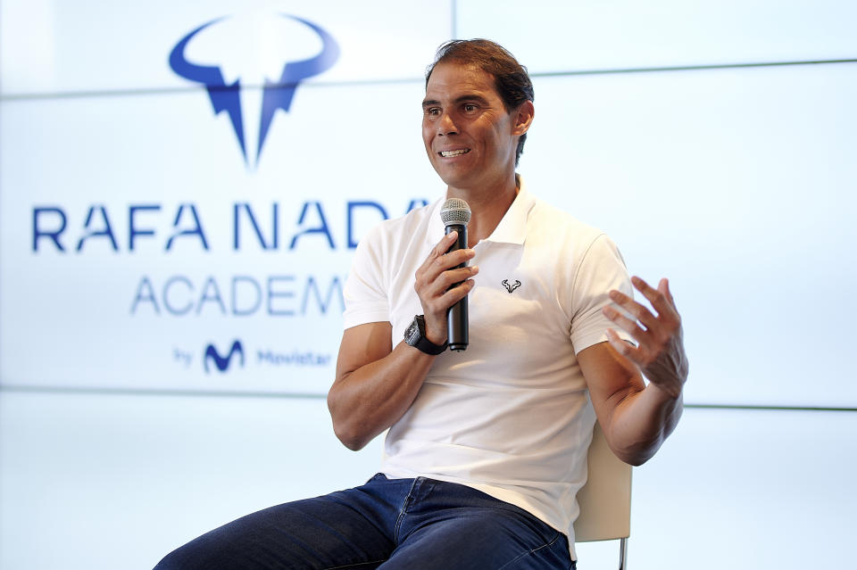 MANACOR, SPAIN - MAY 18: Rafael Nadal of Spain speaks during a press conference to announce that he will not play the French Open 2023 at Rafa Nadal Academy on May 18, 2023 in Manacor, Spain. (Photo by Cristian Trujillo/Quality Sport Images/Getty Images)