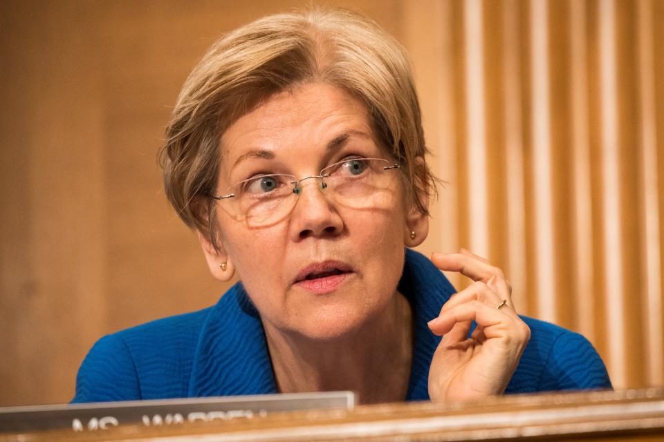 WASHINGTON, USA - FEBRUARY 11: Senator Elizabeth Warren questions Janet Yellen, Chair of the Federal Reserve Board of Governors, during a Senate Banking Committee on the semiannual monetary report to Congress hearing in Washington, USA on February 11, 2016. (Photo by Samuel Corum/Anadolu Agency/Getty Images)