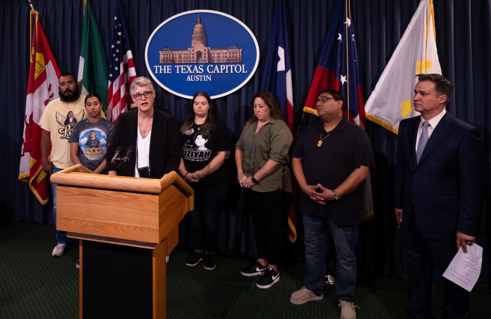 Sen. Sarah Eckhardt, D-Austin, shown at a March 7 news conference, questioned whether SB 2 could lead to the felony prosecution of voters who make an innocent mistake after a change of address.