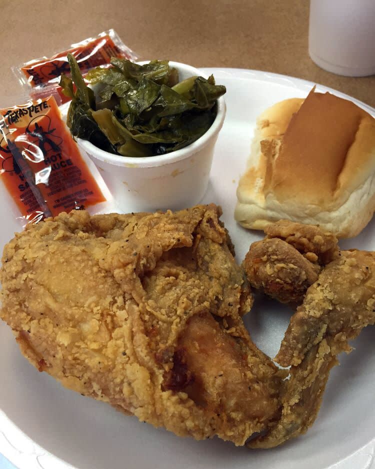 fried white chicken with collards and roll