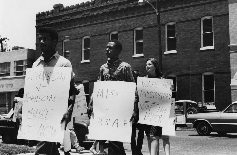 PHOTO: Freedom Summer Demonstrations in Greenville, Mississippi, ' Andrew Goodman, James Chaney and Michael Schwerner are missing' Greenville picket line in 1964.   (Tracy Sugarman/Jackson State University via Getty Images)