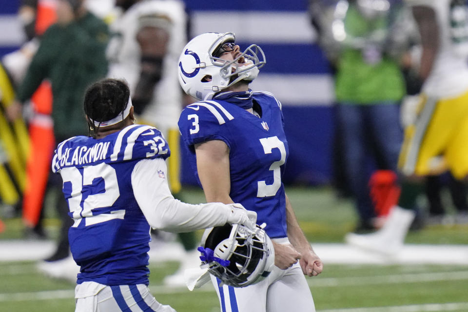 Indianapolis Colts kicker Rodrigo Blankenship (3) celebrates making the game winning field goal in overtime of an NFL football game against the Green Bay Packers, Sunday, Nov. 22, 2020, in Indianapolis. (AP Photo/AJ Mast)