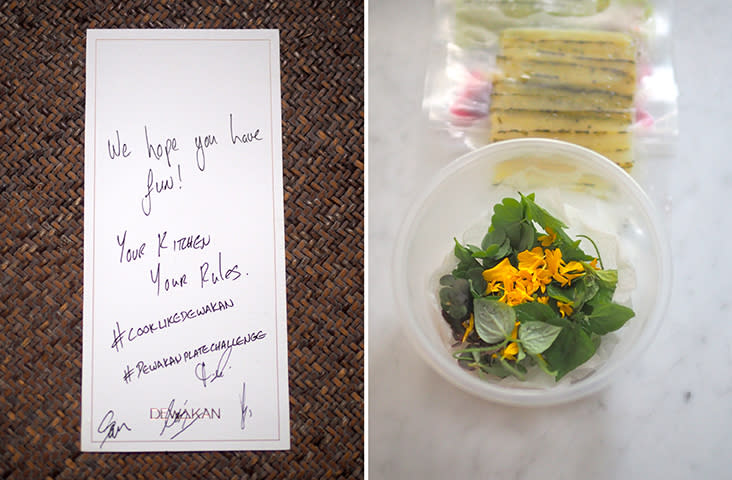 Join the Cook Like Dewakan challenge and have fun at home (left). Every item is sealed in plastic bags with instructions on top while some items like delicate greens are placed in a container to prevent them being crushed (right)