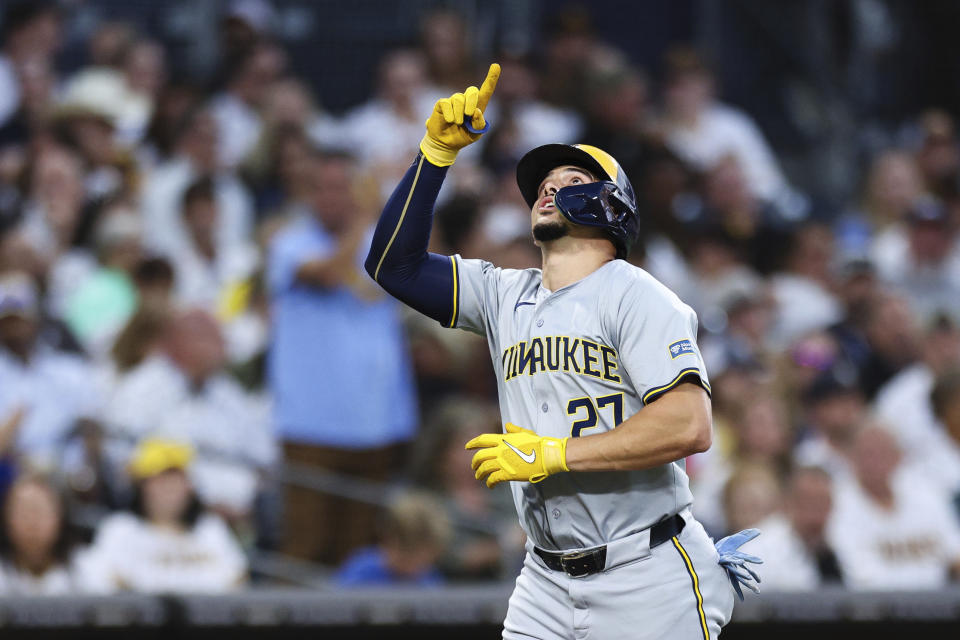 Milwaukee Brewers' Willy Adames celebrates as he nears home after hitting a two-run home run against the San Diego Padres in the fifth inning of a baseball game Thursday, June 20, 2024, in San Diego. (AP Photo/Derrick Tuskan)