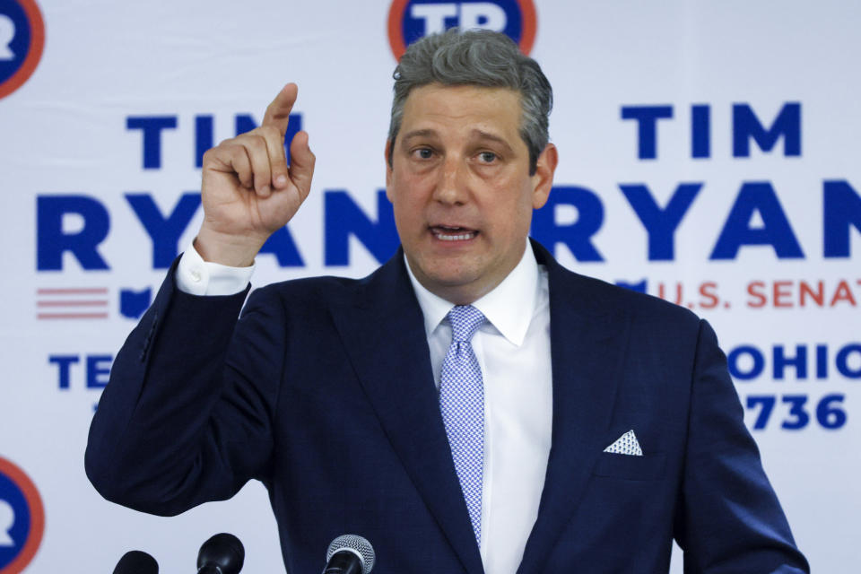 FILE—Rep. Tim Ryan, D-Ohio, running for an open U.S. Senate seat in Ohio, speaks, May 3, 2022, in Columbus, Ohio. Ryan, who has made his opponent's questionable record fighting the opioid epidemic a central theme of his campaign for Ohio's open U.S. Senate seat, has accepted campaign donations over the years from drug distributors blamed for key roles in the crisis, an Associated Press review found. (AP Photo/Jay LaPrete, File)