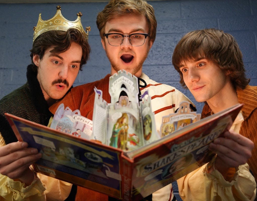 (L to R) Gavin Rapuzzi, Jordan Collyer, and Mason Modzelewski in The Complete Works of William Shakespeare(Abridged)[revised][again] by Adam Long, Daniel Singer and Jess Winfield.