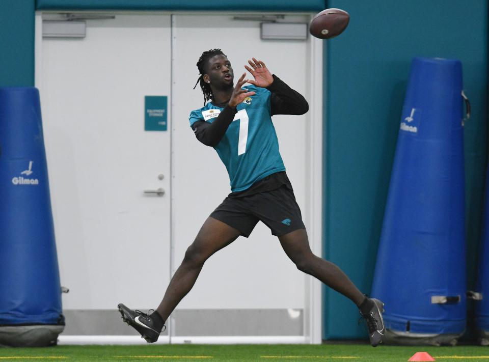 Jacksonville Jaguars wide receiver Brian Thomas (7) pulls in a pass during Friday's rookie minicamp session. The Jacksonville Jaguars held their first day of rookie minicamp inside the covered field at the Jaguars performance facility in Jacksonville, Florida Friday, May 10, 2024.