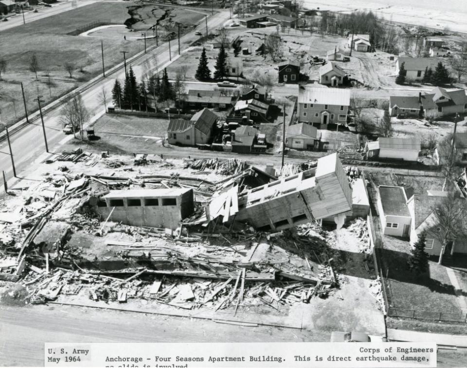 The wrecked Four Seasons Apartment Building in Anchorage is seen in the aftermath of the 1964 earthquake. At magnitude 9.2, it was the most powerful earthquake ever recorded in North America. The shaking and the resulting tsunami caused 131 deaths, according to federal officials. (U.S. Army Corps of Engineers photo provided by Joint Base Elmendorf-Richardson)