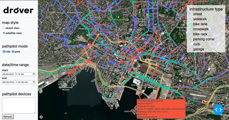 screenshot of Drover AI's data dashboard, showing a map that has been color-coded by infrastructure type (ie: street, sidewalk, bike lane, etc) as well as information like date/time range and map view style.