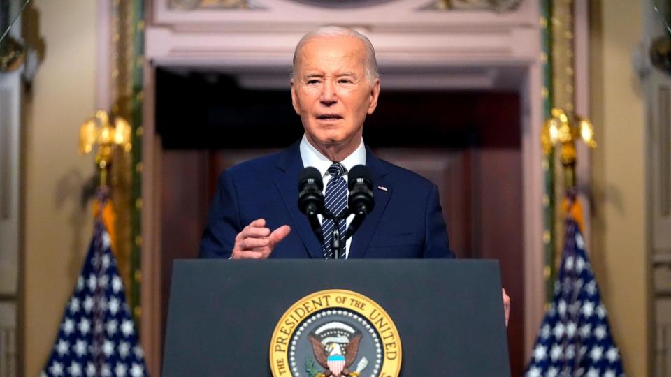 PHOTO: President Joe Biden speaks about lowering health care costs in the Indian Treaty Room at the Eisenhower Executive Office Building on the White House complex in Washington, D.C., on April 3, 2024.  (Mark Schiefelbein/AP)