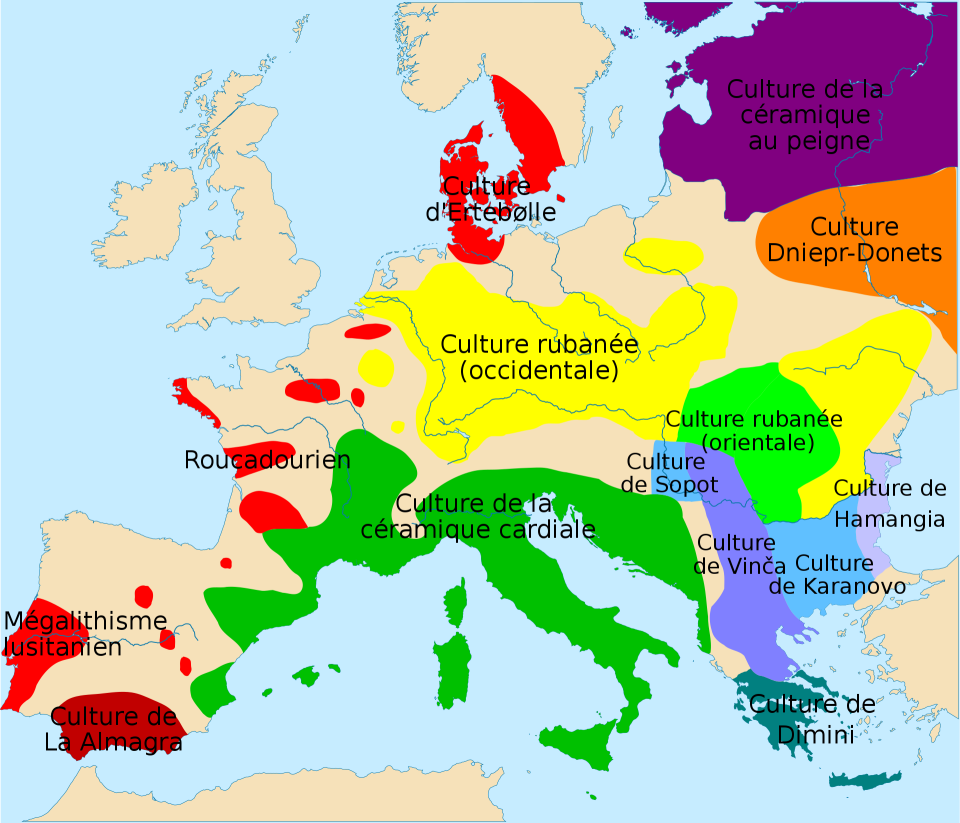 Distribution des cultures néolithiques, 5000 ans avant notre ère.