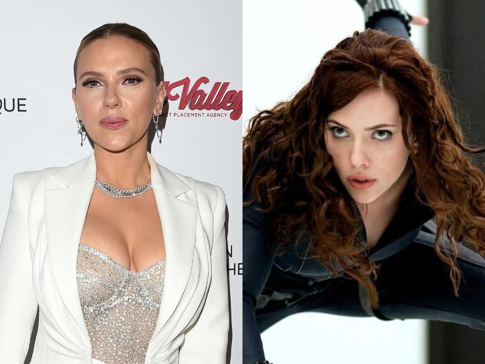 Scarlett Johansson attends the 35th Annual American Cinematheque Awards at The Beverly Hilton on November 18, 2021, and as Black Widow in "Iron Man 2."