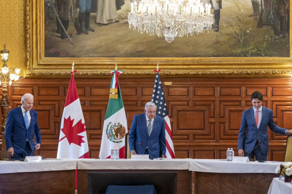 President Joe Biden, Mexican President Andres Manuel Lopez Obrador, and Canadian Prime Minister Justin Trudeau meet at the 10th North American Leaders' Summit at the National Palace in Mexico City, Mexico, Tuesday, Jan. 10, 2023. (AP Photo/Andrew Harnik)