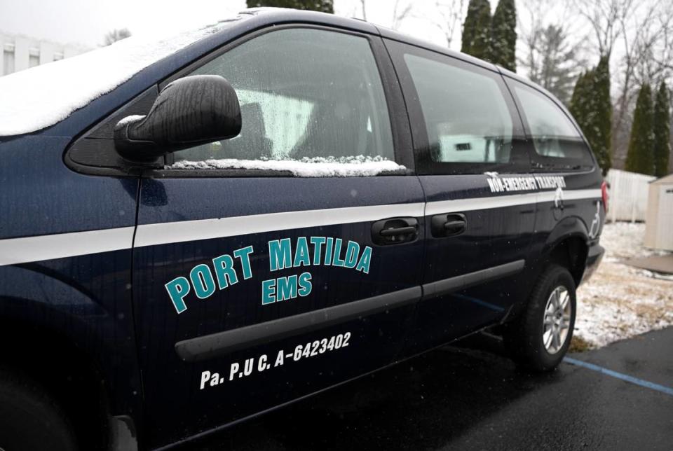Snow collects on the Port Matilda EMS non-emergency transport van outside of the station on Friday, March 10, 2023.