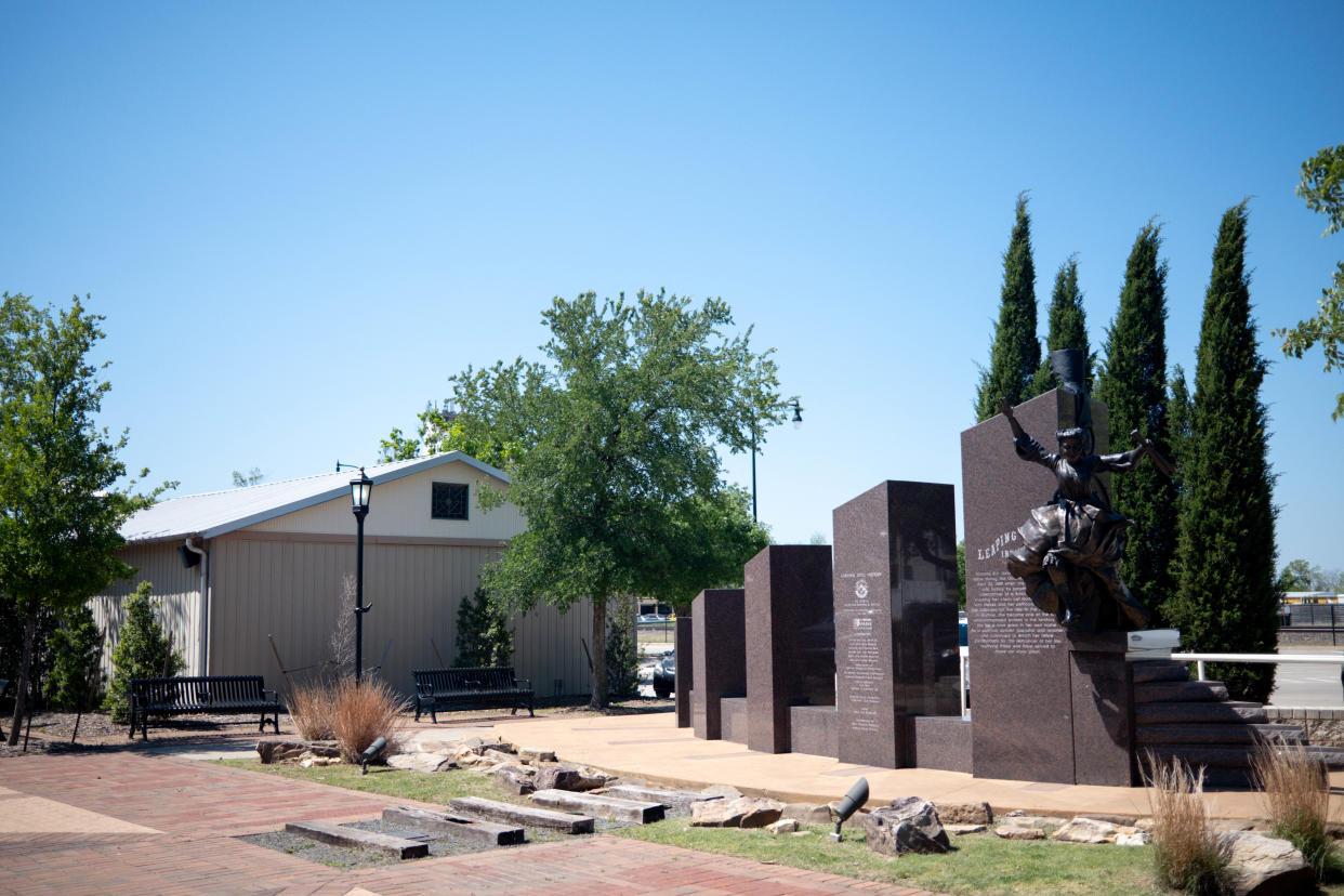 The Leaping Into History - Kentucky Daisy Monument is pictured next to future development land in Edmond, Okla., on Monday, April 22, 2024.
(Credit: NATHAN J. FISH/THE OKLAHOMAN)