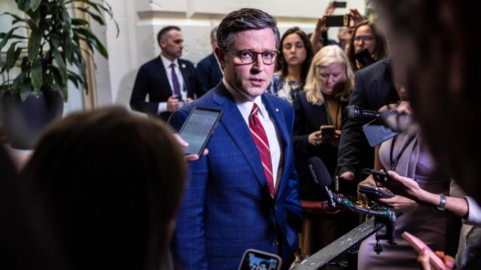 PHOTO: House Speaker Mike Johnson speaks to the press following a House Conference meeting to discuss Iran's attack on Israel at the U.S. Capitol in Washington, DC. (Anna Rose Layden/Getty Images)