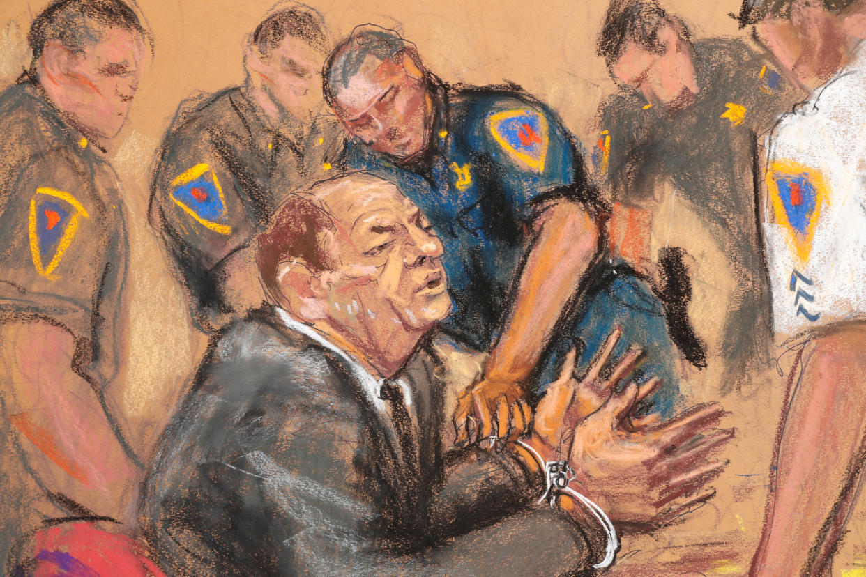 Artist Jane Rosenberg captured Harvey Weinstein as he was handcuffed in a Manhattan courtroom on Monday. (Photo: REUTERS/Jane Rosenberg)