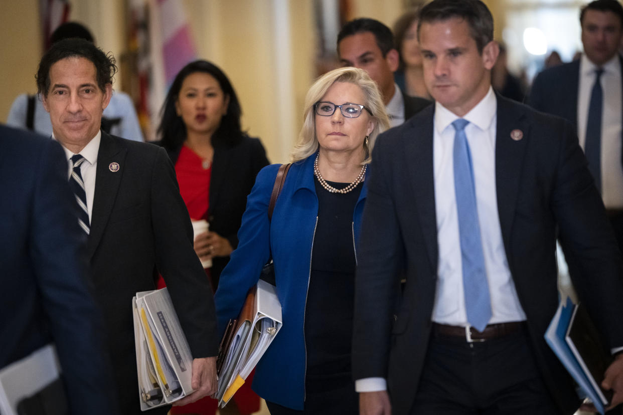 WASHINGTON, DC - JULY 27:  (L-R) Rep. Jamie Raskin (D-MD), Rep. Liz Cheney (R-WY) and Rep. Adam Kinzinger (R-IL) arrive for the House Select Committee hearing investigating the January 6 attack on the U.S. Capitol on July 27, 2021 at the Canon House Office Building in Washington, DC. Members of law enforcement will testify about the attack by supporters of former President Donald Trump on the U.S. Capitol. According to authorities, about 140 police officers were injured when they were trampled, had objects thrown at them, and sprayed with chemical irritants during the insurrection. (Photo by Drew Angerer/Getty Images)