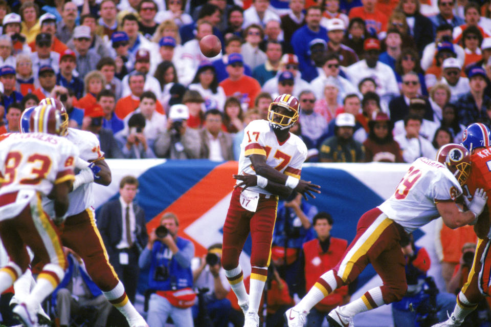 SAN DIEGO - JANUARY 31:  Quarterback Doug Williams #17 of the Washington Redskins passes during Super Bowl XXII against the Denver Broncos at Jack Murphy Stadium on January 31, 1988 in San Diego, California.  The Redskins won 42-10.  (Photo by Stephen Dunn/Getty Images)