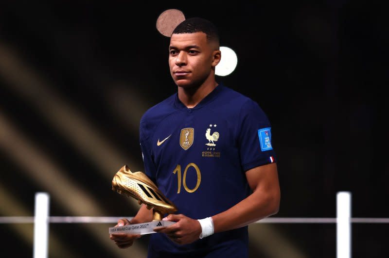 French striker Kylian Mbappe earned Golden Boot honors for being the top scorer at the 2022 World Cup. File Photo by Chris Brunskill/UPI