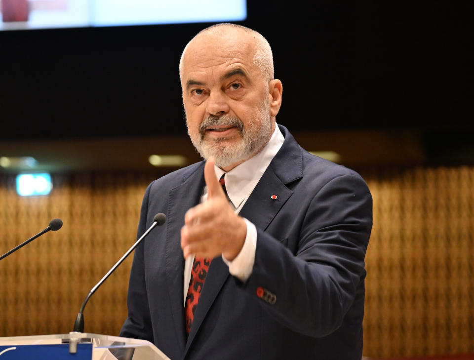 STRASBOURG, FRANCE -  OCTOBER 12: Albanian Prime Minister Edi Rama addresses to members of parliament at the Council of Europe in Strasbourg, France on October 12, 2022. (Photo by Mustafa Yalcin/Anadolu Agency via Getty Images)