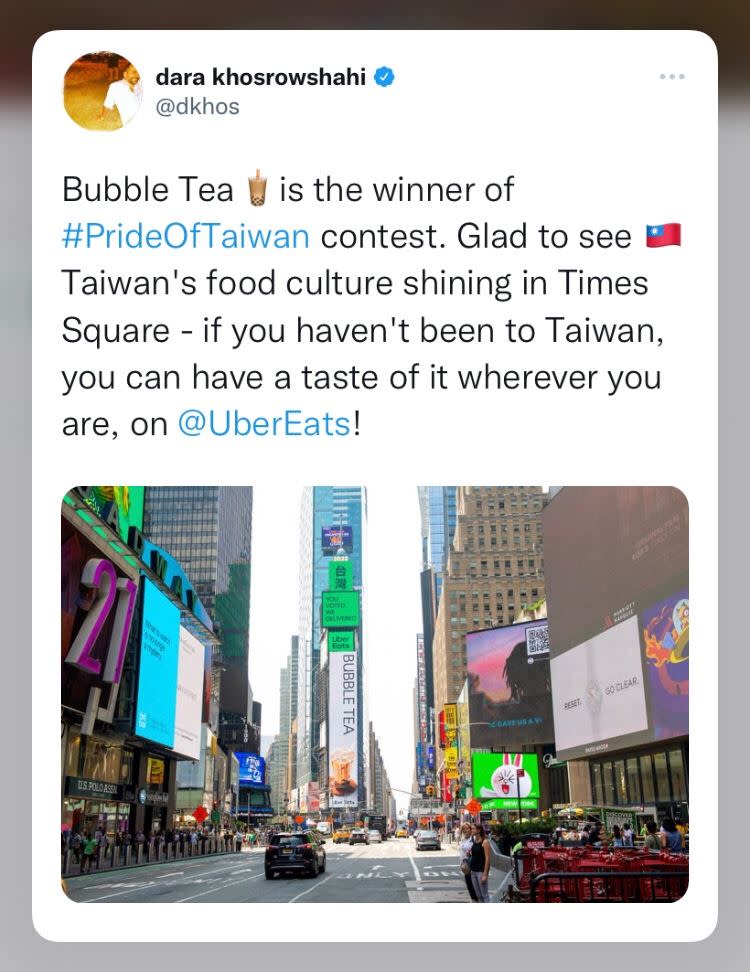 Uber執行長科斯洛沙希（Dara Khosrowshahi）也於推特上支持台灣美食文化「推」向世界。（圖／Uber Eats提供）