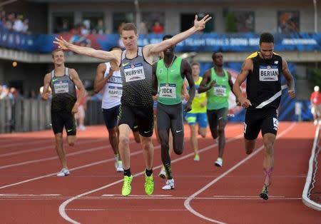 Jul 4, 2016; Eugene, OR, USA; Clayton Murphy celebrates after defeating Boris Berian and Charles Jock to win the 800m in 1:44.76 during the 2016 U.S. Olympic Team Trials at Hayward Field. Mandatory Credit: Kirby Lee-USA TODAY Sports