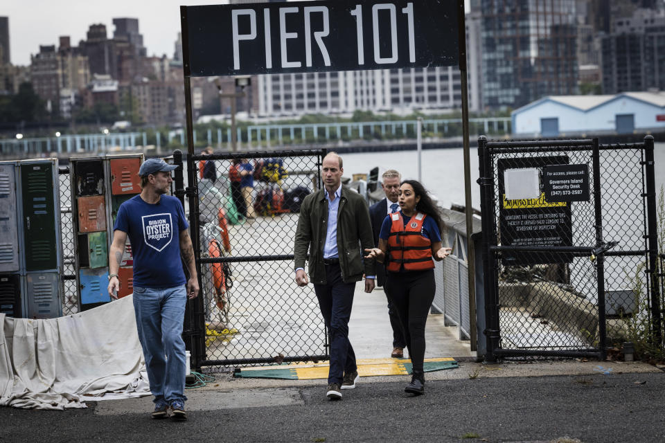 Britain's Prince William, Prince of Wales arrives to meet students working on the Billion Oyster Project on Governors Island on Monday, Sept. 18, 2023, in New York. (AP Photo/Stefan Jeremiah, Pool)