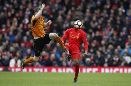 Britain Football Soccer - Liverpool v Wolverhampton Wanderers - FA Cup Fourth Round - Anfield - 28/1/17 Wolverhampton Wanderers' Jon Dadi Bodvarsson in action with Liverpool's Joe Gomez Reuters / Phil Noble Livepic