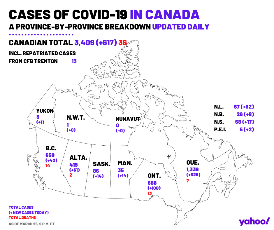 March 25 map COVID-19 cases across Canada