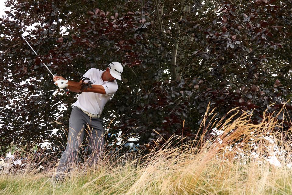 Taylor Montgomery of the United States plays a second shot on the fifth hole (Getty Images)